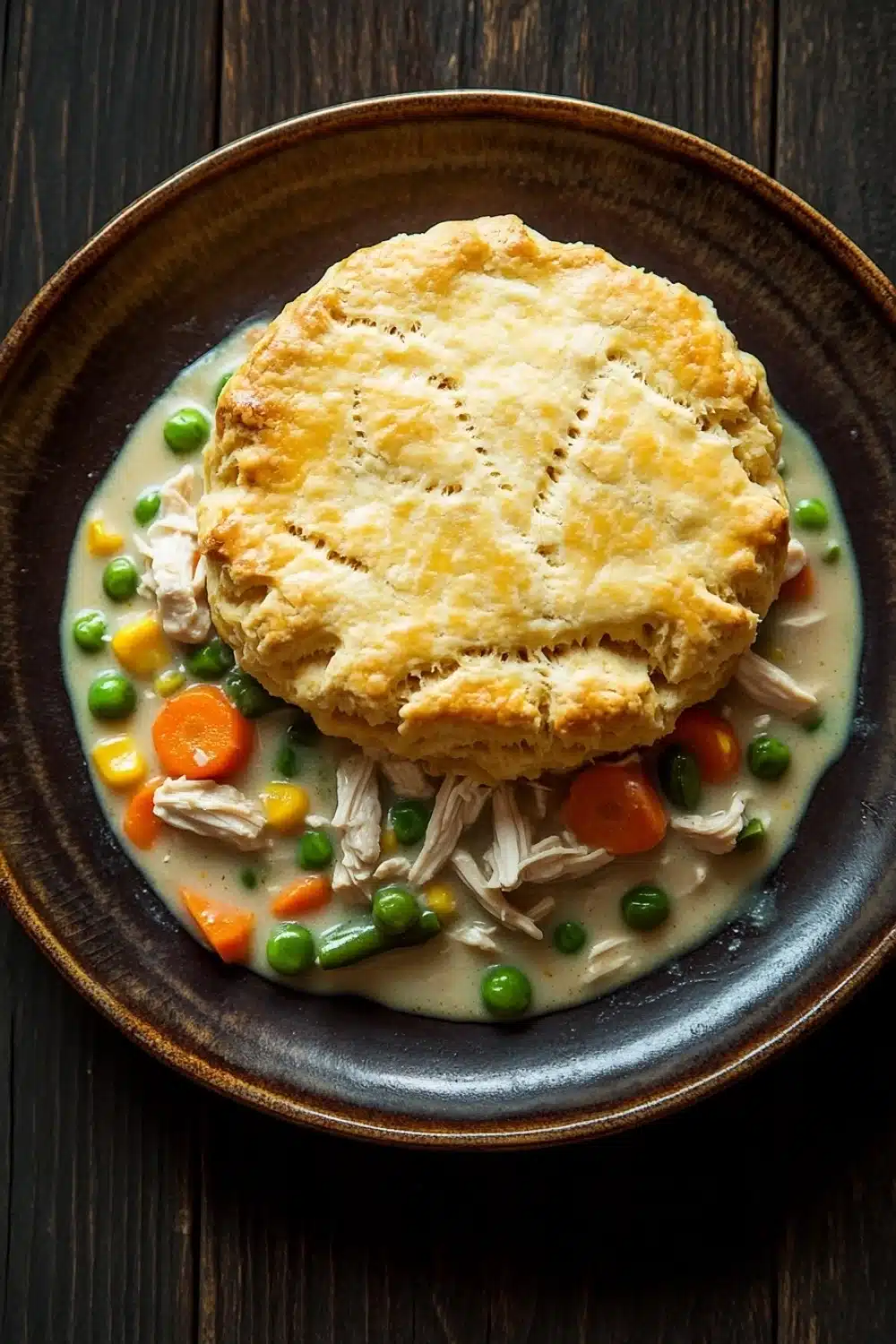 Chicken pot pie casserole freezer - the image shows a bowl of chicken pot pie on a wooden table. the pot pie is golden brown and has a flaky crust on top. it is filled with chunks of chicken, peas, carrots, and other vegetables. the soup is a creamy white color and appears to be thick and creamy. the bowl is made of dark brown ceramic and is sitting on a dark wooden surface.