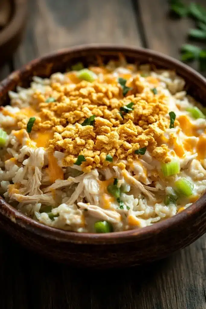 Chicken rice casserole cream soup - the image is a close-up of a bowl of food. the bowl is made of ceramic and is placed on a wooden table. the food appears to be a casserole dish with shredded chicken, cheese, and green onions. the chicken is golden brown and looks crispy on the outside. the cheese is melted and bubbly on top, and there are small pieces of green onions scattered throughout the dish. there are also some sprigs of parsley on the table, adding a pop of green color to the image.