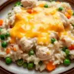 Chicken rice casserole instant pot - the image shows a plate of risotto with chicken and peas. the risotto is white and fluffy, and the chicken is cooked to a golden brown color. the peas are bright green and are scattered throughout the dish. the chicken is cut into small pieces and is covered in a layer of melted cheese. the plate is brown and has a gold rim. the background is blurred, but it appears to be a wooden table.
