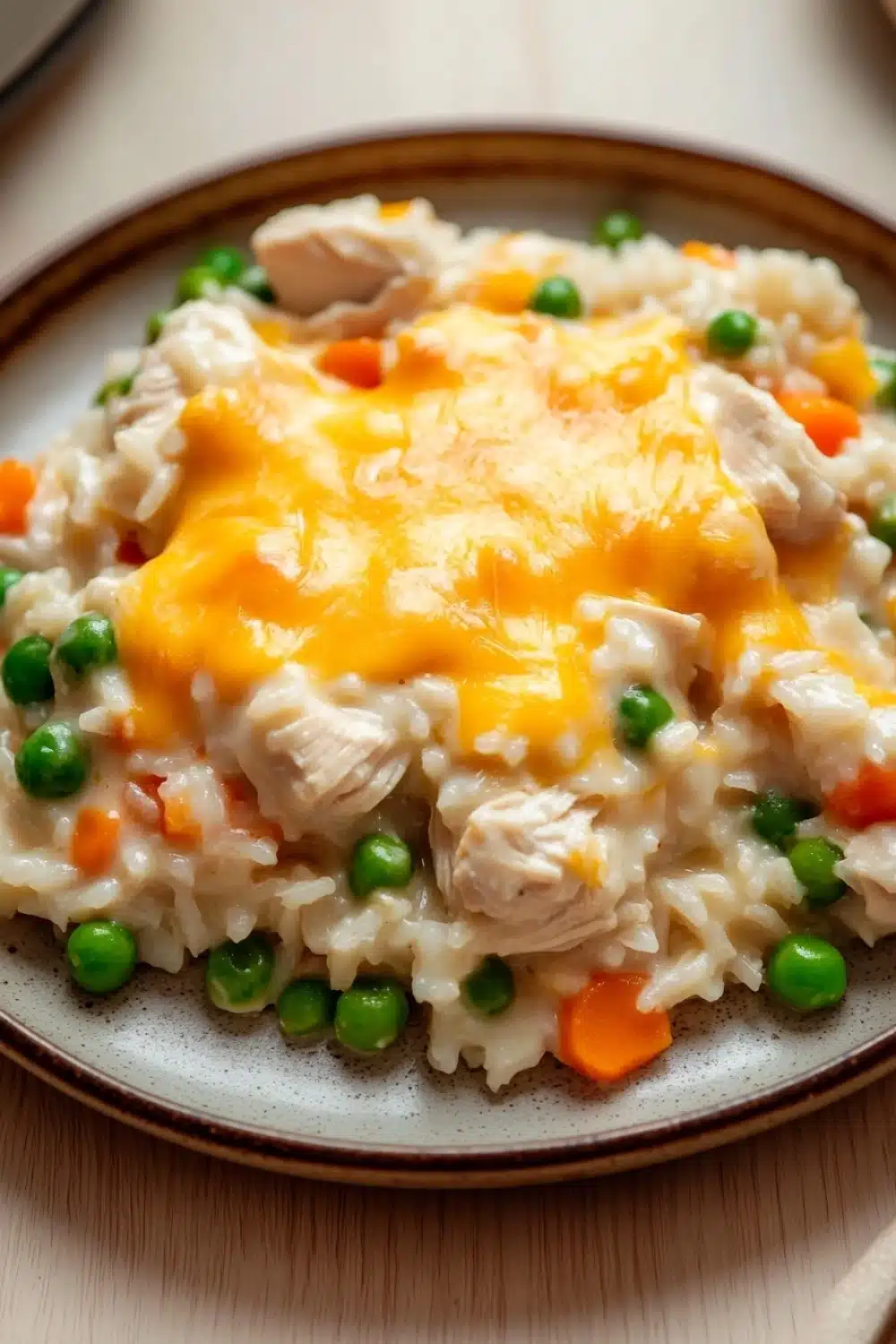 Chicken rice casserole instant pot - the image shows a plate of risotto with chicken and peas. the risotto is white and fluffy, and the chicken is cooked to a golden brown color. the peas are bright green and are scattered throughout the dish. the chicken is cut into small pieces and is covered in a layer of melted cheese. the plate is brown and has a gold rim. the background is blurred, but it appears to be a wooden table.
