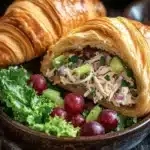 Chicken salad sandwich on croissant - the image shows a wooden bowl filled with a salad and a croissant. the salad is made up of shredded chicken, celery, and red grapes. the bowl is placed on a dark wooden table with a few sprigs of parsley in the background. the croissants are golden brown and appear to be freshly baked. the overall color scheme of the image is warm and inviting.