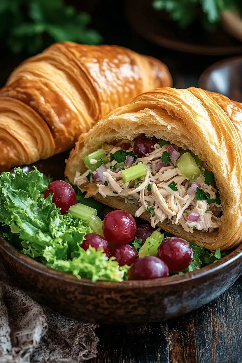 Chicken salad sandwich on croissant - the image shows a wooden bowl filled with a salad and a croissant. the salad is made up of shredded chicken, celery, and red grapes. the bowl is placed on a dark wooden table with a few sprigs of parsley in the background. the croissants are golden brown and appear to be freshly baked. the overall color scheme of the image is warm and inviting.