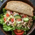 Chicken salad sandwich with veggies - the image shows a bowl of salad with a slice of toasted bread on top. the salad is made up of various types of lettuce, including lettuce, cherry tomatoes, cucumbers, and red onions. the bread is golden brown and appears to be freshly baked. the background is a dark grey countertop. the overall color scheme of the image is warm and inviting.