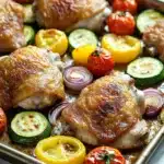 Chicken sheet pan dinner keto - the image shows a baking tray filled with grilled chicken and vegetables. the chicken is golden brown and appears to be seasoned with herbs and spices. the vegetables are sliced zucchini, cherry tomatoes, red onions, and yellow bell peppers. the tray is lined with parchment paper and is placed on a white marble countertop. the overall presentation of the dish is colorful and appetizing.
