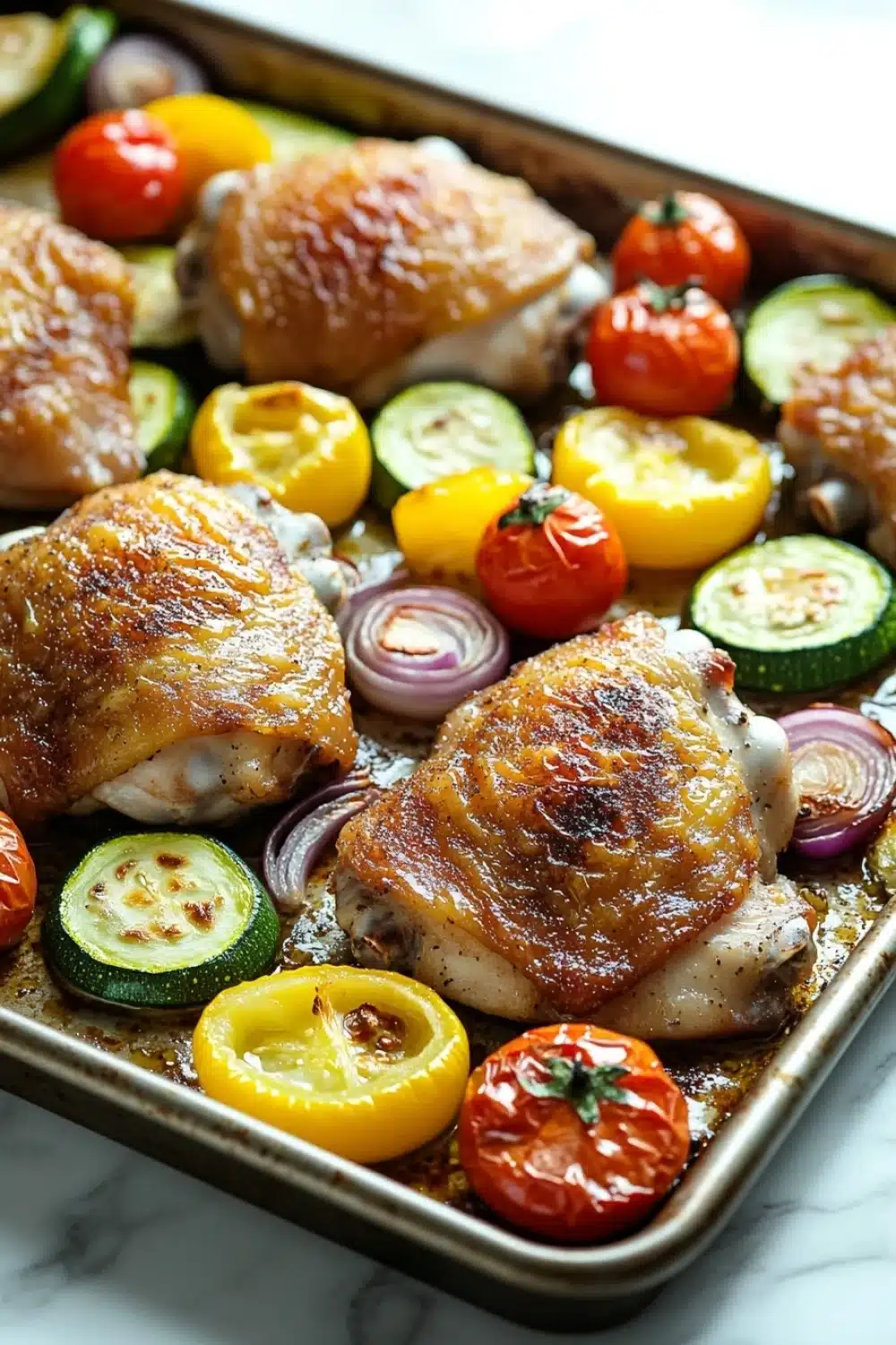 Chicken sheet pan dinner keto - the image shows a baking tray filled with grilled chicken and vegetables. the chicken is golden brown and appears to be seasoned with herbs and spices. the vegetables are sliced zucchini, cherry tomatoes, red onions, and yellow bell peppers. the tray is lined with parchment paper and is placed on a white marble countertop. the overall presentation of the dish is colorful and appetizing.