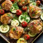 Chicken sheet pan dinner with zucchini - the image shows a baking tray filled with grilled chicken and zucchini. the chicken is golden brown and appears to be seasoned with herbs and spices. the zucchinis are sliced and arranged in a circular pattern on the tray. there are also small cherry tomatoes scattered throughout the tray, adding a pop of color to the dish. the tray is sitting on a dark grey countertop.