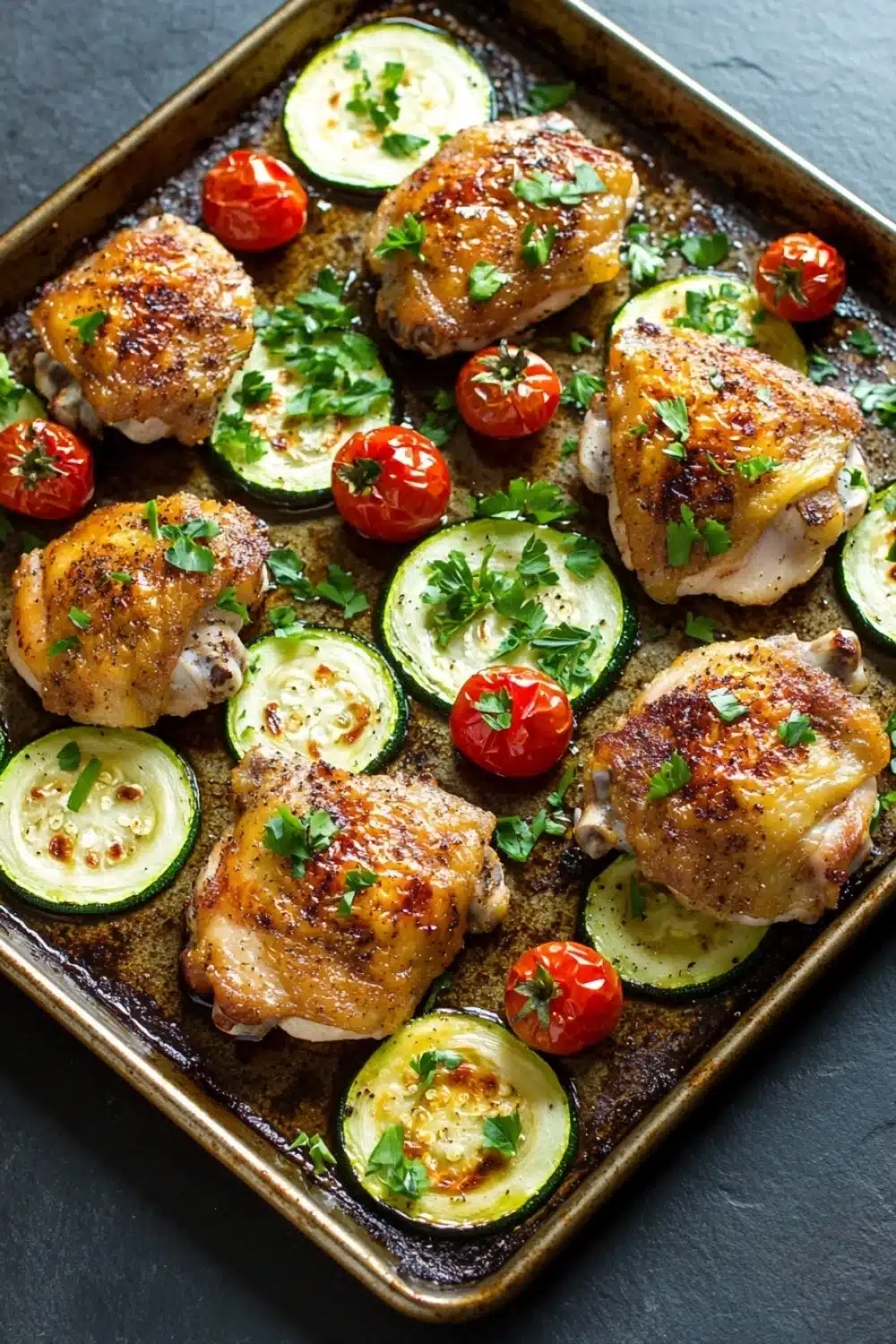 Chicken sheet pan dinner with zucchini - the image shows a baking tray filled with grilled chicken and zucchini. the chicken is golden brown and appears to be seasoned with herbs and spices. the zucchinis are sliced and arranged in a circular pattern on the tray. there are also small cherry tomatoes scattered throughout the tray, adding a pop of color to the dish. the tray is sitting on a dark grey countertop.