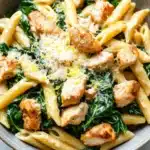 Chicken spinach skillet pasta with lemon parmesan - the image is a close-up of a bowl of pasta dish. the pasta appears to be penne, which is a type of penne pasta, and is cooked until it is golden brown. the dish is garnished with chunks of grilled chicken and fresh spinach. the chicken is cooked to a medium-rare and has a crispy texture. the spinach is a vibrant green color and is scattered throughout the dish, adding a pop of color to the dish. there is also a sprinkle of grated parmesan cheese on top of the chicken, adding texture and flavor. the bowl is made of light-colored ceramic and is sitting on a white marble countertop.