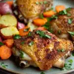 Chicken thigh dinner dutch oven - the image shows a plate of food with two pieces of roasted chicken on it. the chicken is golden brown and appears to be seasoned with herbs and spices. the plate is garnished with fresh parsley. on the left side of the plate, there are roasted potatoes and carrots, and on the right side, there is a pile of sliced carrots. the background is a light blue color, and the plate is sitting on a white countertop.