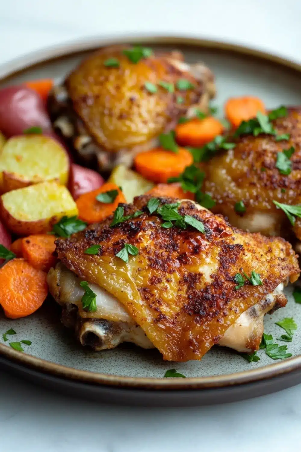 Chicken thigh dinner dutch oven - the image shows a plate of food with two pieces of roasted chicken on it. the chicken is golden brown and appears to be seasoned with herbs and spices. the plate is garnished with fresh parsley. on the left side of the plate, there are roasted potatoes and carrots, and on the right side, there is a pile of sliced carrots. the background is a light blue color, and the plate is sitting on a white countertop.