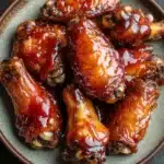 Chicken wing air fryer honey bbq - the image shows a plate of chicken wings covered in a red sauce. the wings are arranged in a circular pattern on the plate, with some overlapping each other. the sauce appears to be a deep red color and has a glossy texture. the plate is made of a light-colored ceramic or porcelain material and is placed on a dark grey surface. the background is blurred, making the wings the focal point of the image.