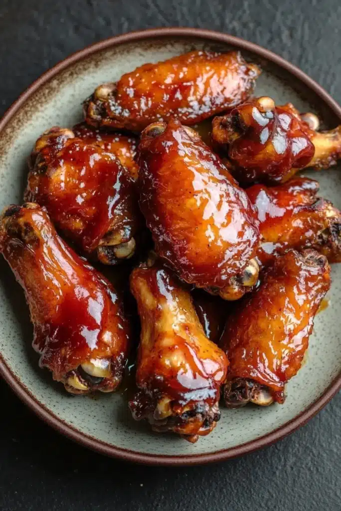 Chicken wing air fryer honey bbq - the image shows a plate of chicken wings covered in a red sauce. the wings are arranged in a circular pattern on the plate, with some overlapping each other. the sauce appears to be a deep red color and has a glossy texture. the plate is made of a light-colored ceramic or porcelain material and is placed on a dark grey surface. the background is blurred, making the wings the focal point of the image.