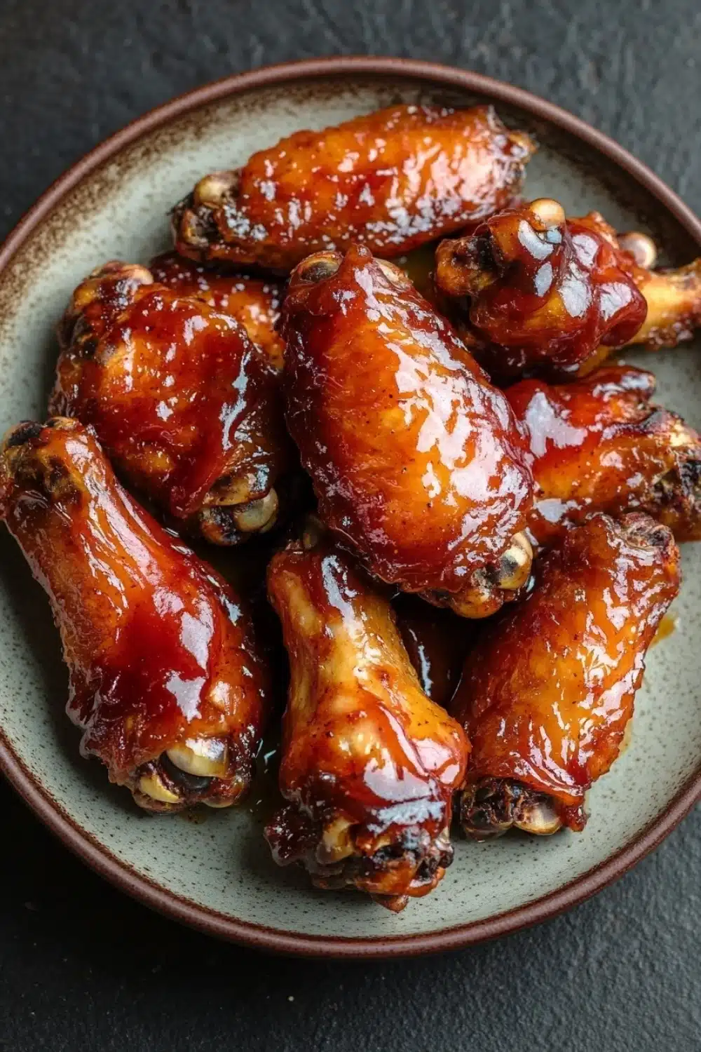 Chicken wing air fryer honey bbq - the image shows a plate of chicken wings covered in a red sauce. the wings are arranged in a circular pattern on the plate, with some overlapping each other. the sauce appears to be a deep red color and has a glossy texture. the plate is made of a light-colored ceramic or porcelain material and is placed on a dark grey surface. the background is blurred, making the wings the focal point of the image.