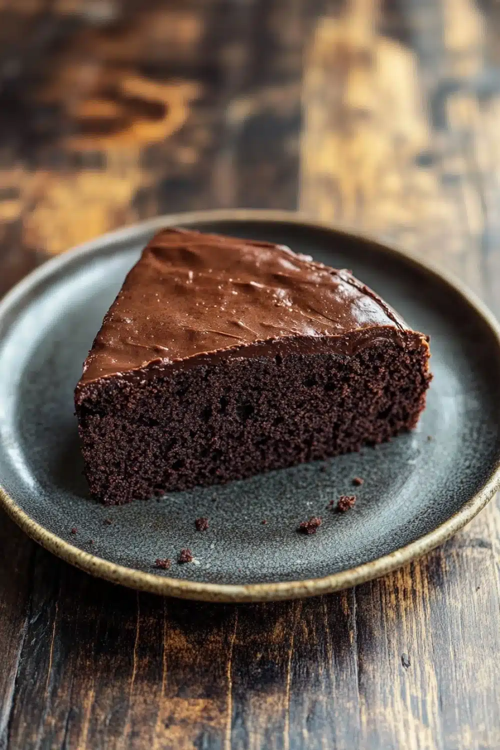 Chocolate banana yoghurt cake - the image shows a slice of chocolate cake on a blue plate. the cake appears to be moist and has a rich, dark chocolate color. it is covered in a thick layer of chocolate frosting, which is spread evenly across the top of the cake. the plate is sitting on a wooden table with a rustic, weathered look. the background is blurred, making the cake the focal point of the image.