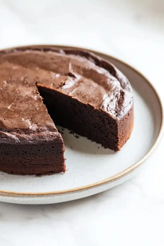 Chocolate cake japanese - the image shows a round chocolate cake on a white plate. the cake has a thick layer of chocolate frosting on top, with a slice taken out of it. the frosting is smooth and shiny, and it appears to be freshly baked. the plate is round and has a light beige rim. the background is a white marble countertop.