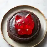Chocolate cake jelly cat - the image is of a round chocolate cake on a white marble countertop. the cake is covered in a thick layer of dark chocolate frosting. on top of the frosting, there is a red cat-shaped jelly in the shape of a cat's face. the jelly appears to be made of jelly and has a glossy finish. the plate it is sitting on is round and has an orange rim.