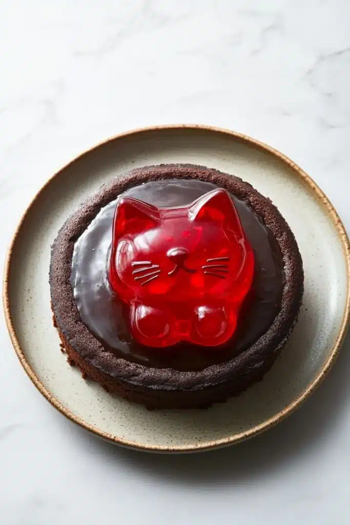 Chocolate cake jelly cat - the image is of a round chocolate cake on a white marble countertop. the cake is covered in a thick layer of dark chocolate frosting. on top of the frosting, there is a red cat-shaped jelly in the shape of a cat's face. the jelly appears to be made of jelly and has a glossy finish. the plate it is sitting on is round and has an orange rim.