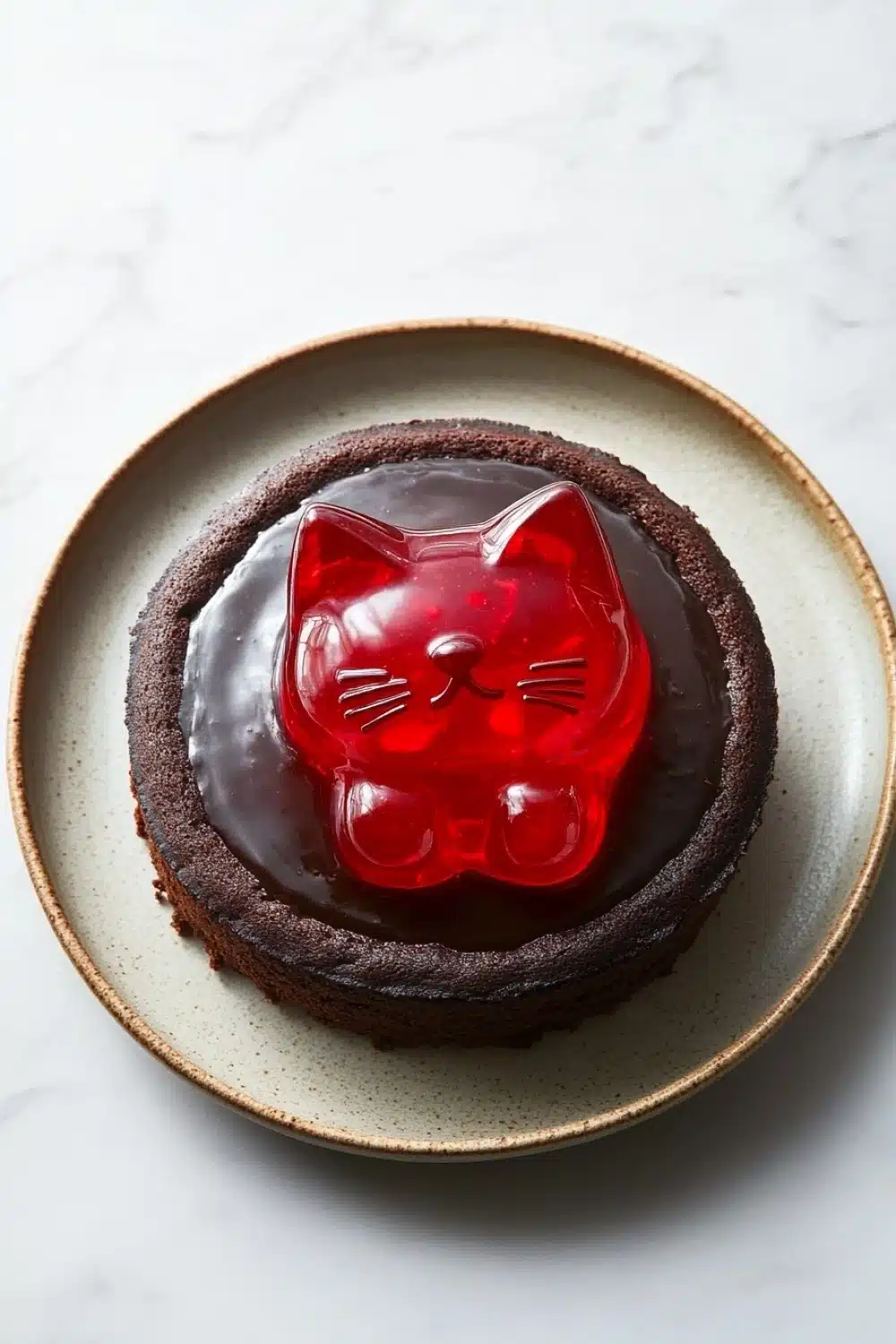 Chocolate cake jelly cat - the image is of a round chocolate cake on a white marble countertop. the cake is covered in a thick layer of dark chocolate frosting. on top of the frosting, there is a red cat-shaped jelly in the shape of a cat's face. the jelly appears to be made of jelly and has a glossy finish. the plate it is sitting on is round and has an orange rim.