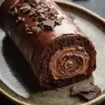 Chocolate cake swiss - the image shows a long, cylindrical cake roll on a green plate. the cake roll is covered in a thick layer of chocolate frosting and sprinkled with chopped chocolate shavings. the frosting appears to be smooth and glossy, and the chocolate is a deep, rich brown color. the plate is sitting on a dark, textured surface, and there are a few pieces of chocolate scattered around the plate.