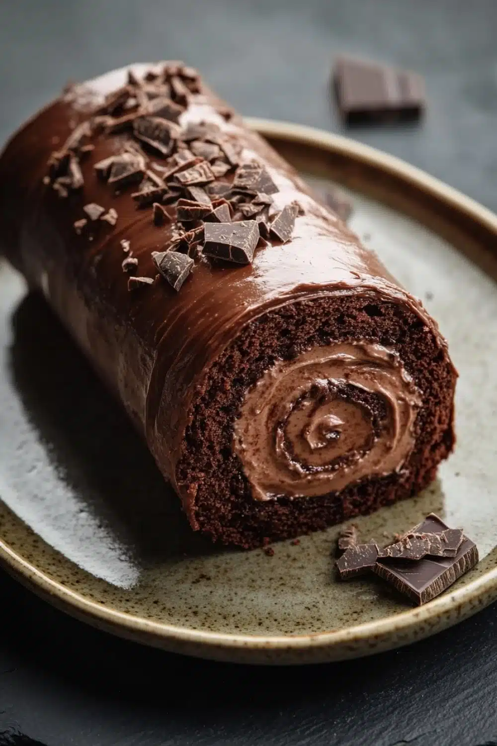 Chocolate cake swiss - the image shows a long, cylindrical cake roll on a green plate. the cake roll is covered in a thick layer of chocolate frosting and sprinkled with chopped chocolate shavings. the frosting appears to be smooth and glossy, and the chocolate is a deep, rich brown color. the plate is sitting on a dark, textured surface, and there are a few pieces of chocolate scattered around the plate.