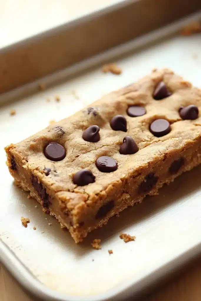 Chocolate chip cookie dough bars - the image shows a rectangular piece of chocolate chip cookie bars on a white baking tray. the cookie bars are golden brown in color and have a crumbly texture. they are arranged in a neat row on the tray, with chocolate chips scattered throughout. the tray is sitting on a wooden surface, and there are a few crumbs scattered around the tray.