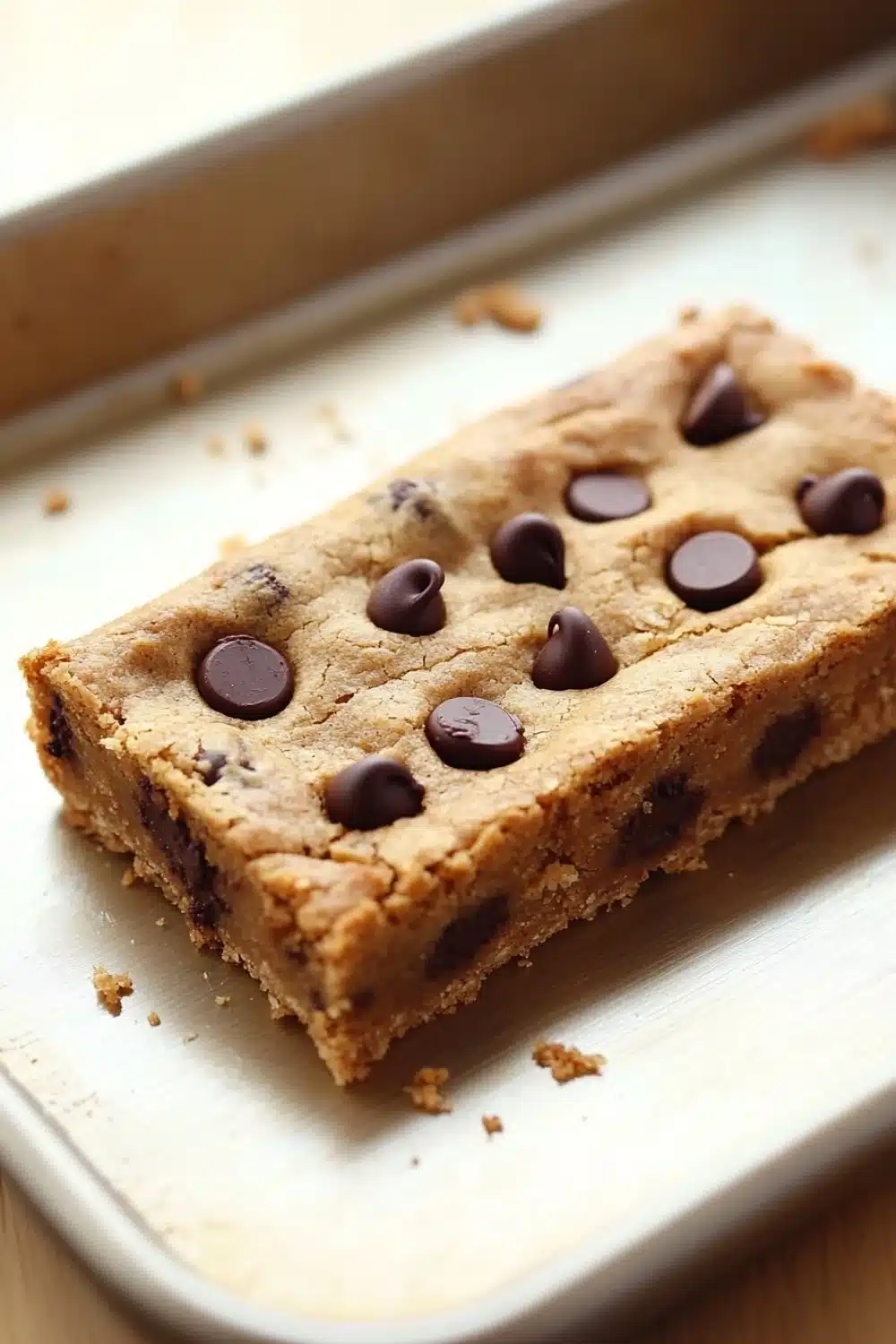 Chocolate chip cookie dough bars - the image shows a rectangular piece of chocolate chip cookie bars on a white baking tray. the cookie bars are golden brown in color and have a crumbly texture. they are arranged in a neat row on the tray, with chocolate chips scattered throughout. the tray is sitting on a wooden surface, and there are a few crumbs scattered around the tray.
