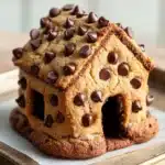 Chocolate chip cookie house - the image shows a small gingerbread house-shaped cookie on a wooden tray. the cookie is golden brown in color and has a crumbly texture. it is decorated with chocolate chips on top, giving it a crunchy appearance. the house has a sloping roof and a small window on the front, allowing natural light to enter the space. the tray is lined with parchment paper, and the background is blurred, making the cookie the focal point of the image.
