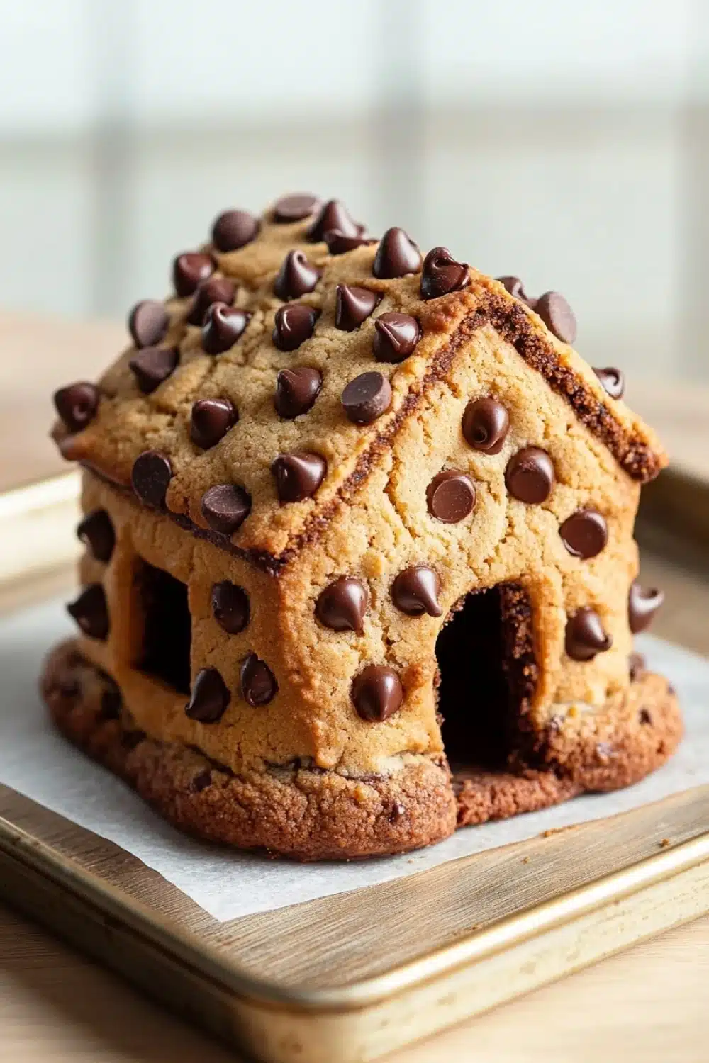 Chocolate chip cookie house - the image shows a small gingerbread house-shaped cookie on a wooden tray. the cookie is golden brown in color and has a crumbly texture. it is decorated with chocolate chips on top, giving it a crunchy appearance. the house has a sloping roof and a small window on the front, allowing natural light to enter the space. the tray is lined with parchment paper, and the background is blurred, making the cookie the focal point of the image.