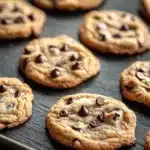 Chocolate chip cookie shapes - the image shows a baking tray lined with freshly baked chocolate chip cookies. the cookies are golden brown and appear to be soft and chewy. they are arranged in a single layer on the tray, with some overlapping each other. the chocolate chips are scattered throughout the cookies, adding a pop of color and texture. the tray is black and the background is blurred, making the cookies the focal point of the image.