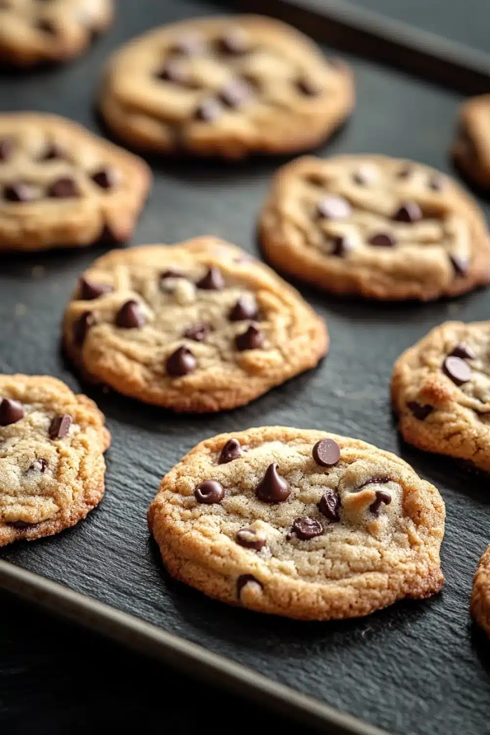 Chocolate chip cookie shapes - the image shows a baking tray lined with freshly baked chocolate chip cookies. the cookies are golden brown and appear to be soft and chewy. they are arranged in a single layer on the tray, with some overlapping each other. the chocolate chips are scattered throughout the cookies, adding a pop of color and texture. the tray is black and the background is blurred, making the cookies the focal point of the image.