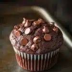 Chocolate kodiak muffin - the image is of a chocolate muffin on a baking tray. the muffin is round and has a golden brown color. it is covered in chocolate shavings, which are scattered across the top of the muffin. the chocolate chips are small and round, and they are arranged in a circular pattern around the edges of the cupcake. the tray is lined with parchment paper, and the background is blurred, making the chocolate cupcake the focal point of the image.