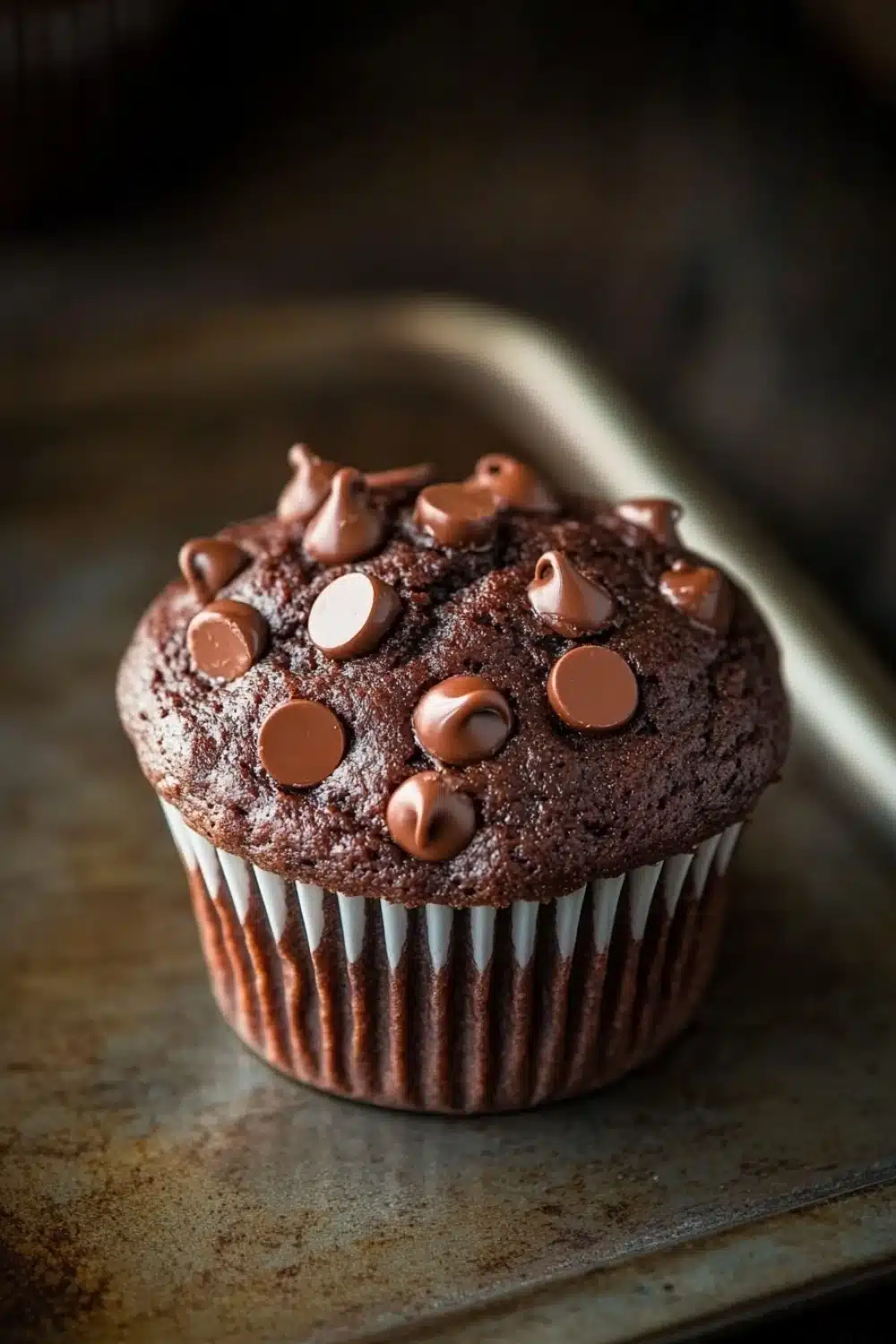 Chocolate kodiak muffin - the image is of a chocolate muffin on a baking tray. the muffin is round and has a golden brown color. it is covered in chocolate shavings, which are scattered across the top of the muffin. the chocolate chips are small and round, and they are arranged in a circular pattern around the edges of the cupcake. the tray is lined with parchment paper, and the background is blurred, making the chocolate cupcake the focal point of the image.
