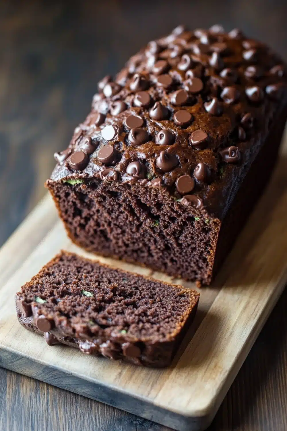 Chocolate zucchini yogurt bread - the image shows a loaf of chocolate bread on a wooden cutting board. the bread is dark brown in color and has a shiny texture. it is topped with small chocolate chips scattered across its surface. a slice of the bread is cut in half, revealing the moist and fluffy interior. the cutting board is placed on a dark wooden table with a rustic background.