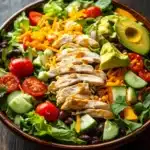 Chopped chicken salad with creamy chipotle dressing - the image is of a large bowl of salad on a wooden table. the salad is made up of various ingredients such as lettuce, tomatoes, black beans, sliced avocado, shredded cheese, and cilantro. the ingredients are arranged in a colorful and appetizing manner. the bowl is brown and appears to be made of ceramic or ceramic. the background is blurred, but it seems to be a kitchen countertop with a few sprigs of parsley scattered around.