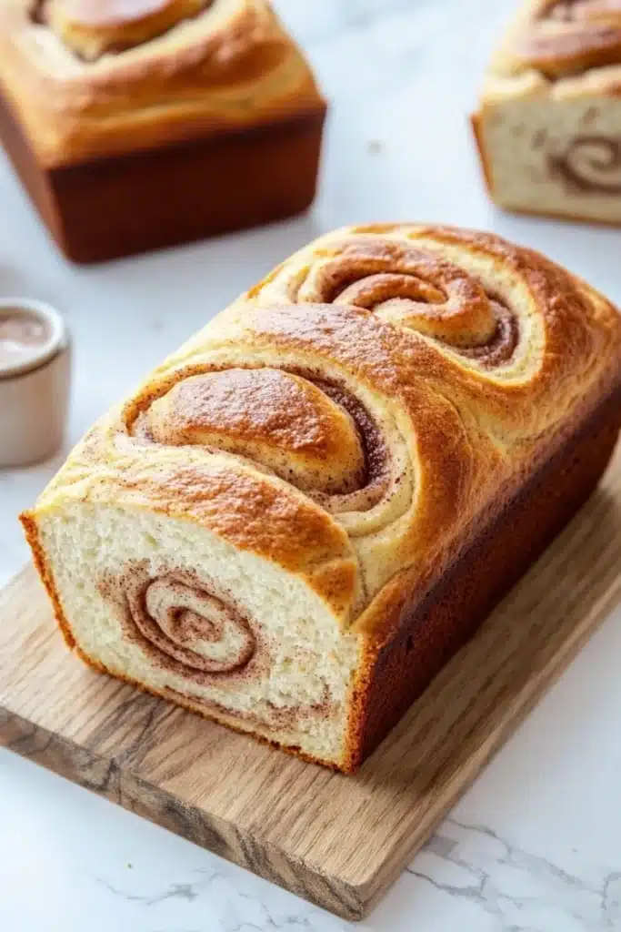Cinnamon bread - the image shows a freshly baked cinnamon roll on a wooden cutting board. the roll is golden brown in color and has a swirl pattern on top. it appears to be freshly baked and is sitting on a white marble countertop. there are two small bowls of dipping sauce on the cutting board next to the roll. the background is blurred, but it seems to be a kitchen countertop with more rolls of bread in the background.