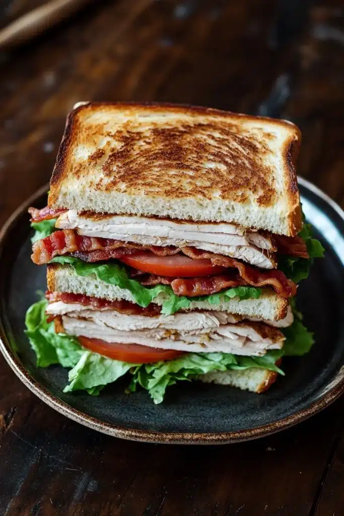 Club sandwich - the image shows a sandwich on a black plate. the sandwich is made with two slices of toasted bread, filled with sliced turkey, bacon, and lettuce. the turkey is cut into thin slices and the bacon is cooked to a golden brown color. the lettuce is a mix of green and red, and the tomato is a bright red. the plate is sitting on a wooden table with a pair of chopsticks resting on the side.