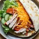 Club sandwich gyro - the image shows a plate with a wrap on it. the wrap is made of a tortilla and is filled with shredded chicken, sliced tomatoes, sliced cucumbers, and shredded cheese. the chicken is cooked to a golden brown color and appears to be seasoned with herbs and spices. the lettuce is a mix of green and red, and there are a few slices of red onion scattered throughout the wrap. the plate is brown and has a textured surface. the background is a wooden table.