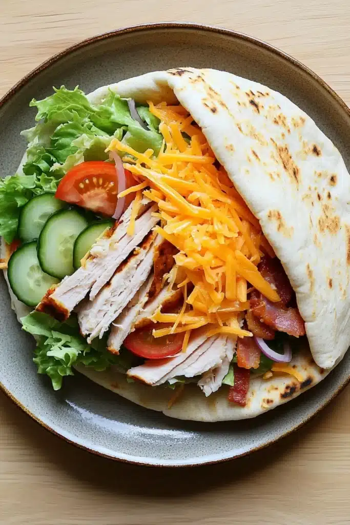 Club sandwich gyro - the image shows a plate with a wrap on it. the wrap is made of a tortilla and is filled with shredded chicken, sliced tomatoes, sliced cucumbers, and shredded cheese. the chicken is cooked to a golden brown color and appears to be seasoned with herbs and spices. the lettuce is a mix of green and red, and there are a few slices of red onion scattered throughout the wrap. the plate is brown and has a textured surface. the background is a wooden table.