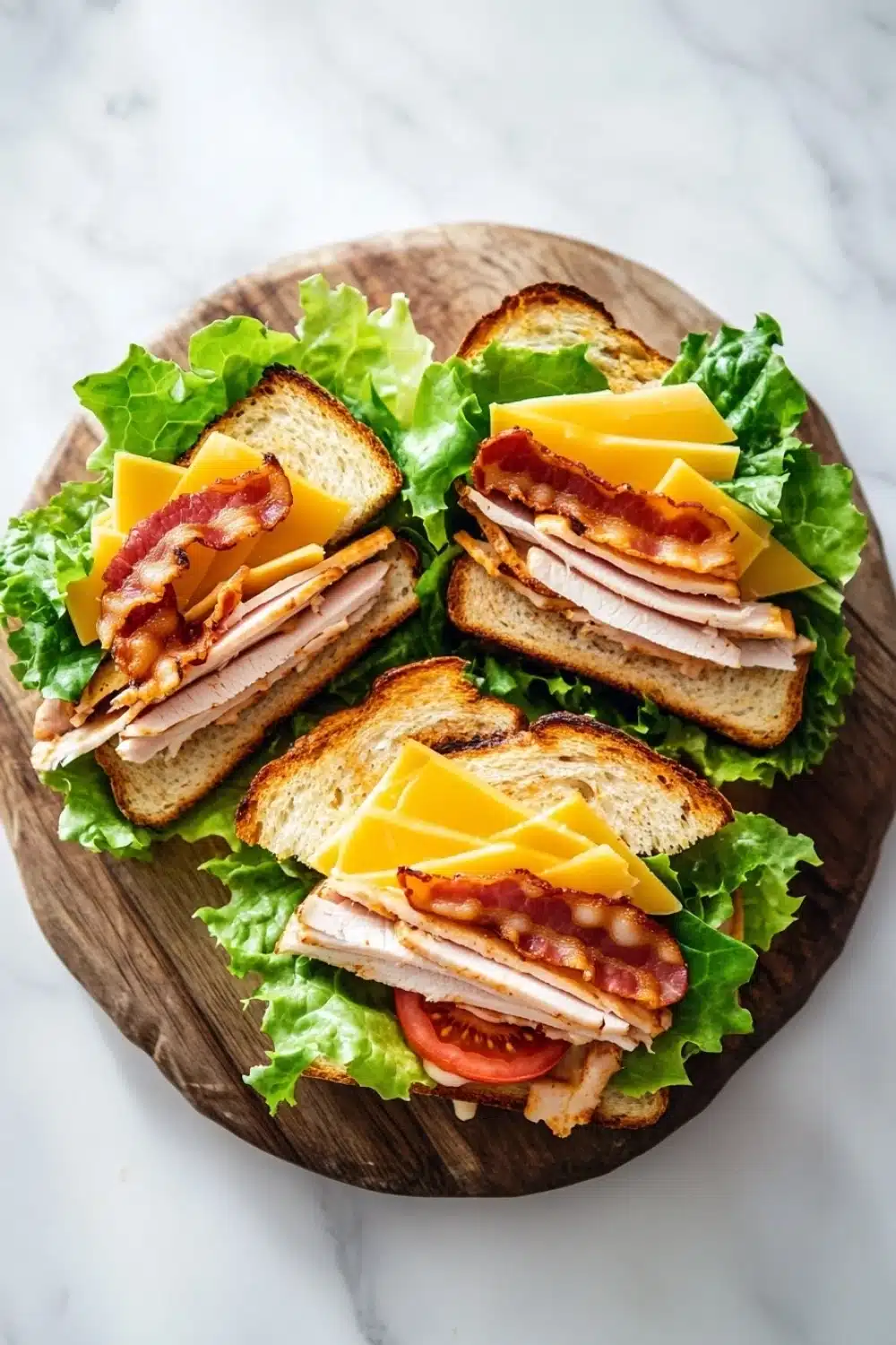Club sandwich on french bread - the image shows a wooden cutting board with three sandwiches on it. the sandwiches are made with two slices of toasted bread, filled with sliced ham, cheese, and lettuce. the ham is cut into thin slices and is arranged in a circular pattern on top of the cheese. the cheese is melted and bubbly, and the lettuce is a vibrant green color. the cutting board is placed on a white marble countertop.