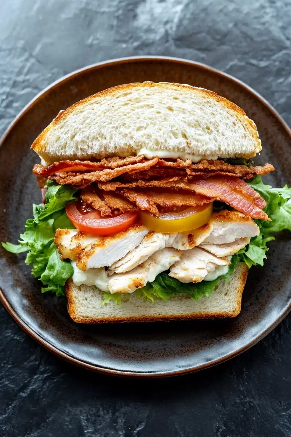 Club sandwich with chicken - the image is of a sandwich on a brown plate. the sandwich is made with a toasted white bread and is filled with a variety of ingredients. on top of the bread, there are strips of bacon, sliced tomatoes, and a slice of yellow bell pepper. the bacon is crispy and golden brown, and the tomatoes are bright red. the lettuce is a mix of green and yellow, and there is a layer of white sauce on top. the plate is sitting on a dark grey textured surface.