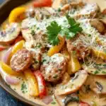 Creamy chicken sausage skillet - the image is a close-up of a dish in a brown bowl. the dish appears to be a type of sausage and mushroom stew, with chunks of sausage, mushrooms, and bell peppers mixed in with a creamy sauce. the sauce is garnished with a sprig of fresh parsley. the bowl is sitting on a black countertop, and there is a blurred background of greenery.
