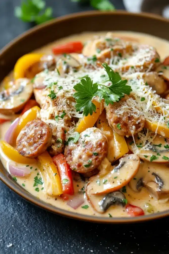 Creamy chicken sausage skillet - the image is a close-up of a dish in a brown bowl. the dish appears to be a type of sausage and mushroom stew, with chunks of sausage, mushrooms, and bell peppers mixed in with a creamy sauce. the sauce is garnished with a sprig of fresh parsley. the bowl is sitting on a black countertop, and there is a blurred background of greenery.