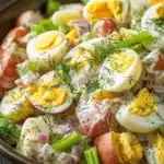 Creamy dill red potato salad - the image is a close-up of a bowl of potato salad. the salad is made up of diced potatoes, diced red onions, and hard-boiled eggs. the potatoes are arranged in a circular pattern, with some of them overlapping each other. the eggs are cut in half and are topped with a dollop of dill. the dish is garnished with a sprig of fresh dill, adding a pop of green color to the dish. the bowl is sitting on a wooden table, and the background is blurred, making the salad the focal point of the image.