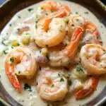 Creamy garlic shrimp skillet - the image shows a plate of cooked shrimp in a creamy sauce. the shrimp are arranged in a circular pattern on the plate, with some overlapping each other. the sauce is a light yellow color and appears to be thick and creamy. there are also small pieces of red onion and green herbs scattered throughout the dish. the plate is brown and has a textured surface. the background is a dark grey countertop with a white napkin and a sprig of parsley on the side.