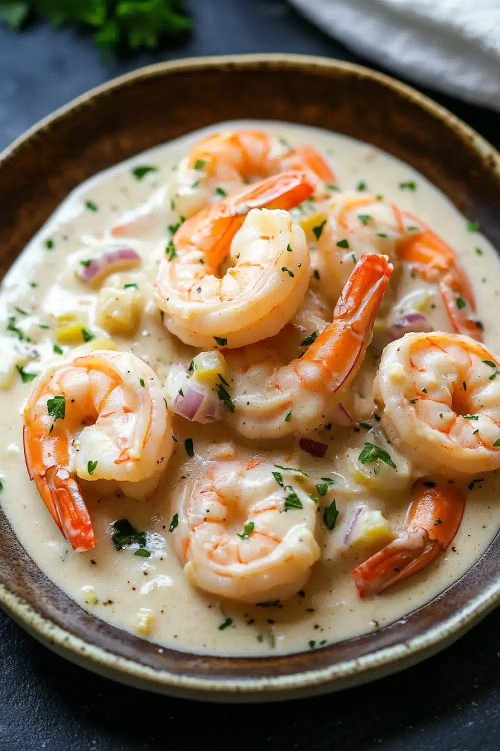 Creamy garlic shrimp skillet - the image shows a plate of cooked shrimp in a creamy sauce. the shrimp are arranged in a circular pattern on the plate, with some overlapping each other. the sauce is a light yellow color and appears to be thick and creamy. there are also small pieces of red onion and green herbs scattered throughout the dish. the plate is brown and has a textured surface. the background is a dark grey countertop with a white napkin and a sprig of parsley on the side.