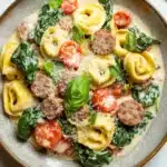 Creamy italian sausage tortellini skillet - the image is a close-up of a bowl of pasta dish. the dish appears to be made with tortellini, sausage, cherry tomatoes, spinach, and parmesan cheese. the pasta is cooked al dente and is arranged in a circular pattern in the bowl. the sauce is a creamy white color and is drizzled over the top of the pasta. there are also a few fresh basil leaves scattered around the bowl, adding a pop of green color to the dish.