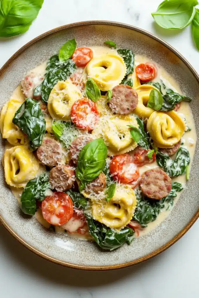 Creamy italian sausage tortellini skillet - the image is a close-up of a bowl of pasta dish. the dish appears to be made with tortellini, sausage, cherry tomatoes, spinach, and parmesan cheese. the pasta is cooked al dente and is arranged in a circular pattern in the bowl. the sauce is a creamy white color and is drizzled over the top of the pasta. there are also a few fresh basil leaves scattered around the bowl, adding a pop of green color to the dish.