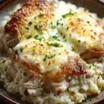 Creamy lemon chicken rice casserole - the image shows a plate of food with a serving of chicken and rice. the chicken is cooked to a golden brown color and appears to be seasoned with herbs and spices. the rice is white and fluffy, and the dish is garnished with chopped parsley. the plate is brown and has a textured surface. the background is a dark grey countertop with a white napkin on the side.