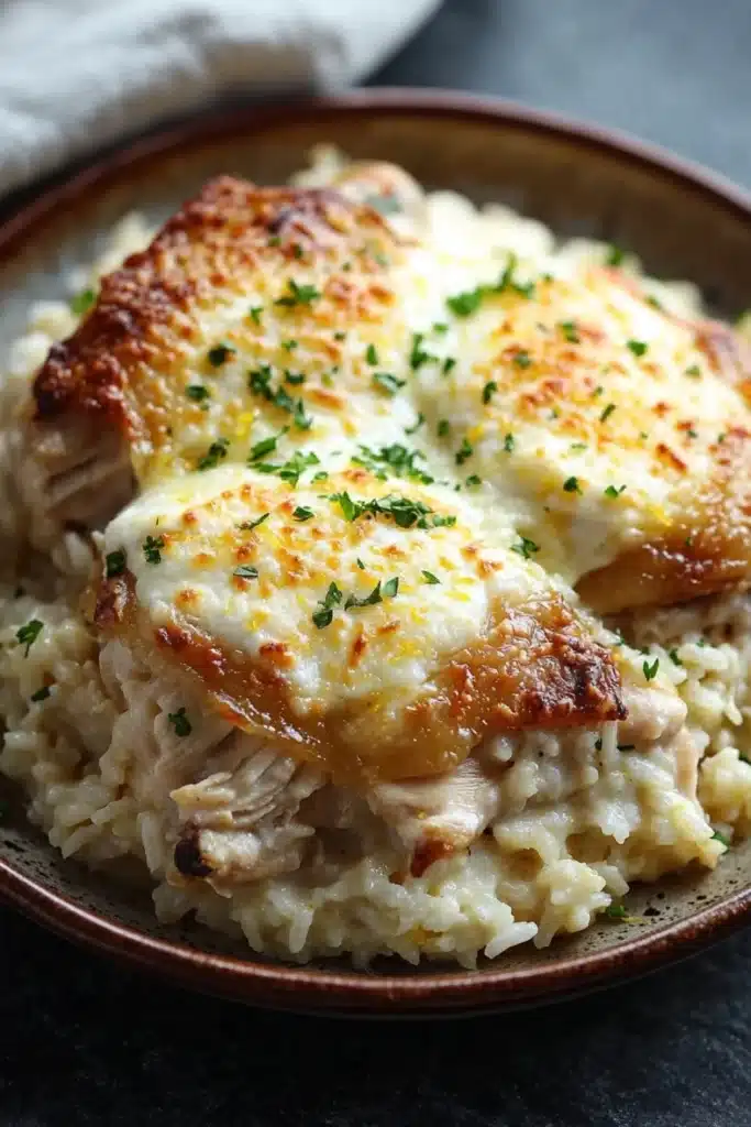 Creamy lemon chicken rice casserole - the image shows a plate of food with a serving of chicken and rice. the chicken is cooked to a golden brown color and appears to be seasoned with herbs and spices. the rice is white and fluffy, and the dish is garnished with chopped parsley. the plate is brown and has a textured surface. the background is a dark grey countertop with a white napkin on the side.