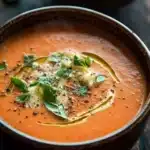 Creamy pepper jack tomato soup - the image shows two bowls of tomato soup on a wooden table. the soup is a bright orange color and appears to be thick and creamy. on top of the soup, there is a dollop of sour cream and a sprinkle of black pepper. there are also a few fresh basil leaves scattered on top. the bowls are brown and have a textured surface. the background is blurred, but it seems to be a rustic kitchen countertop.